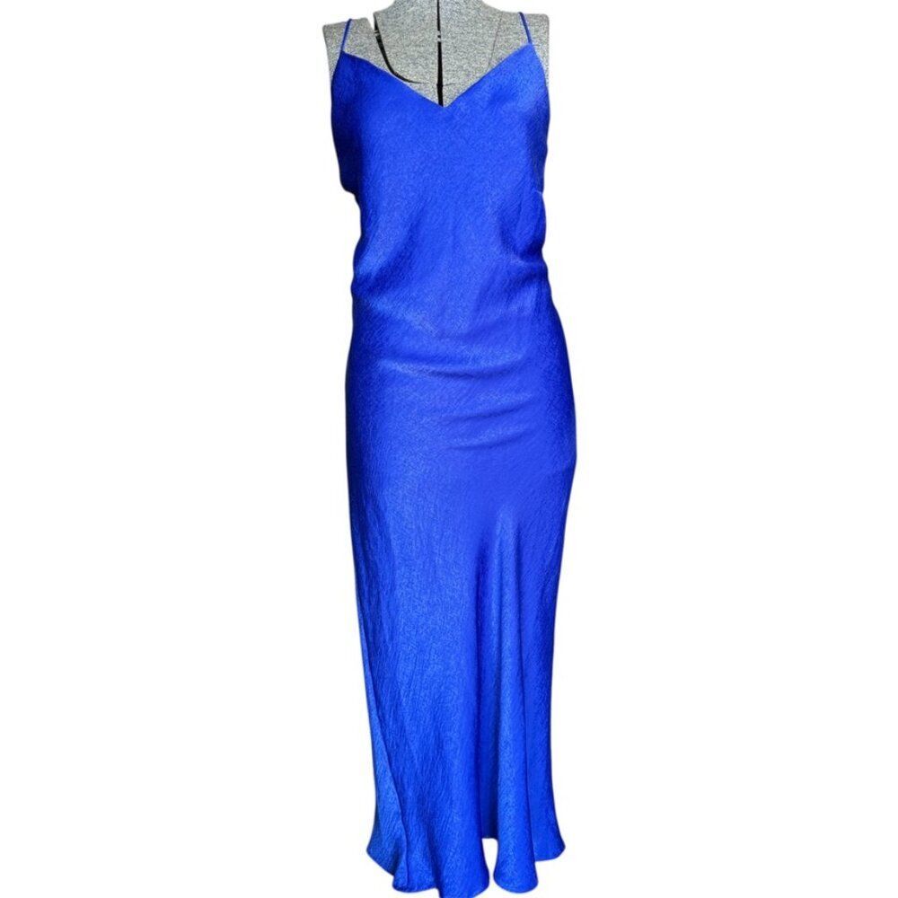 Shinestar royal blue satin midi slip dress β V-neck, size L